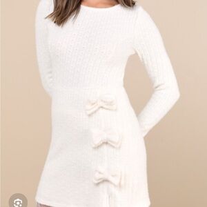 Lulu's Cream Knit Mini Dress with Bow Details